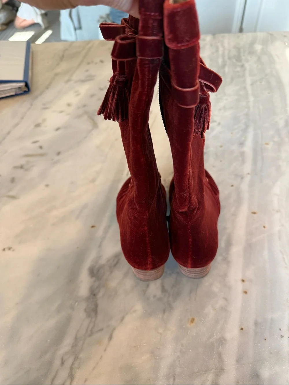 Joyfolie Burgundy Velvet Lace-Up Boots with Tassel